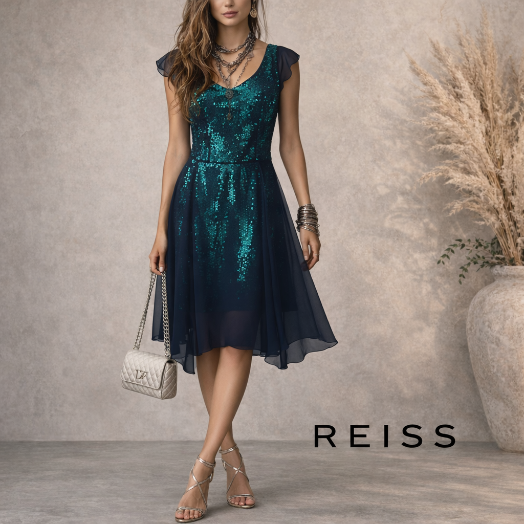 REISS Navy Chiffon Overlay, Emerald Sequin Dress UK 10
