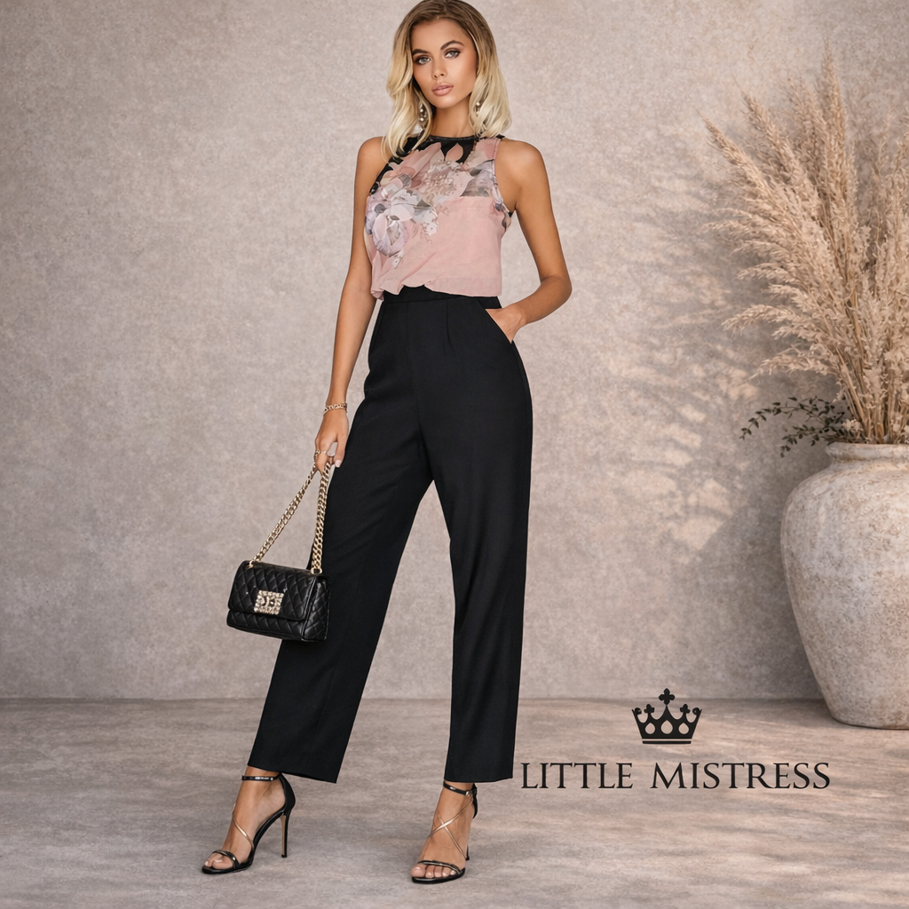 Little Mistress Black & Peach Floral Jumpsuit  UK 14