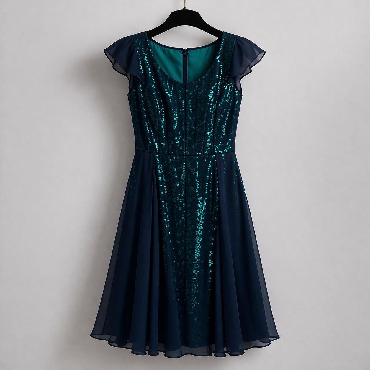 REISS Navy Chiffon Overlay, Emerald Sequin Dress UK 10
