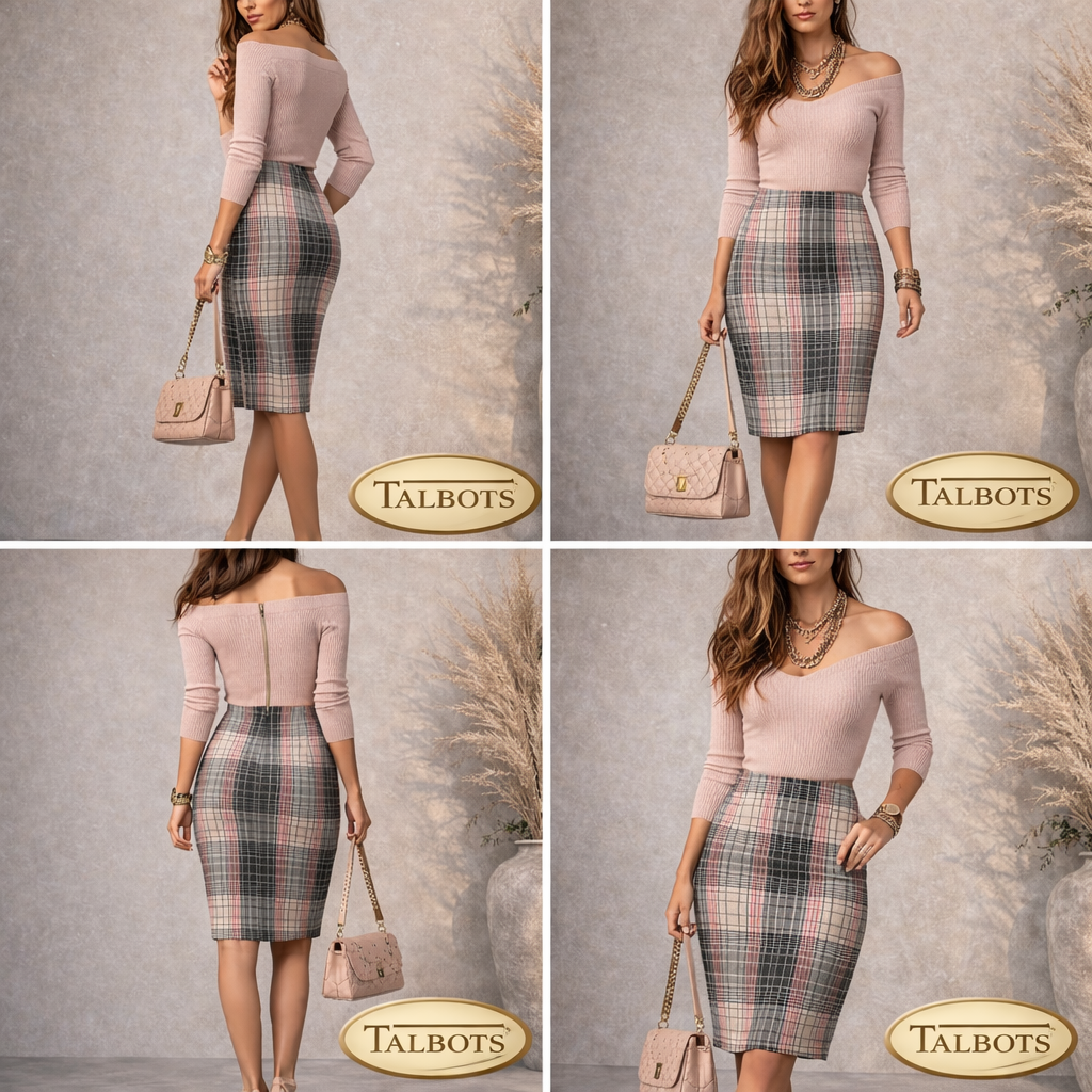 Talbots Vintage Pink Grey Wool Mix Tweed Pencil Skirt UK 12