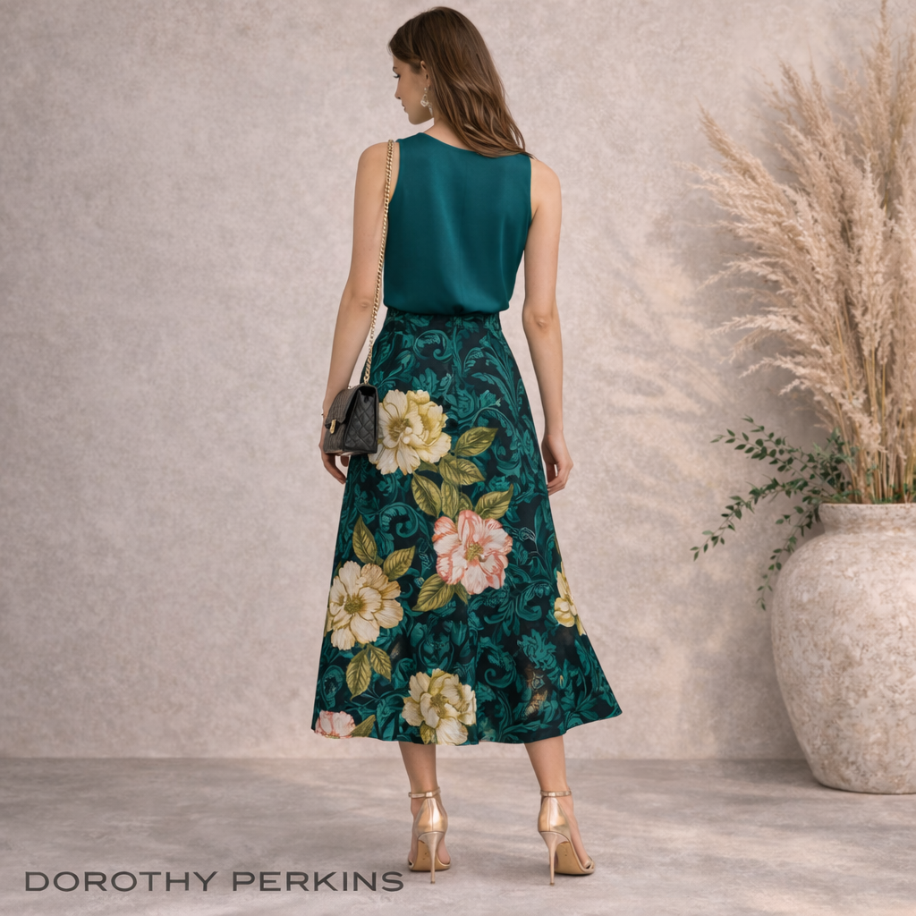 Dorothy Perkins Green Floral Silky Midi Skirt UK 10