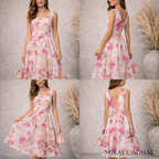 Mikael Aghal Pink Floral Print Fit & Flare Organza Dress UK 6/8