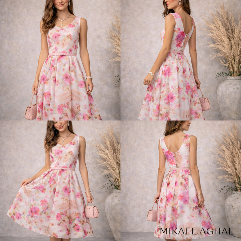 Mikael Aghal Pink Floral Print Fit & Flare Organza Dress UK 6/8