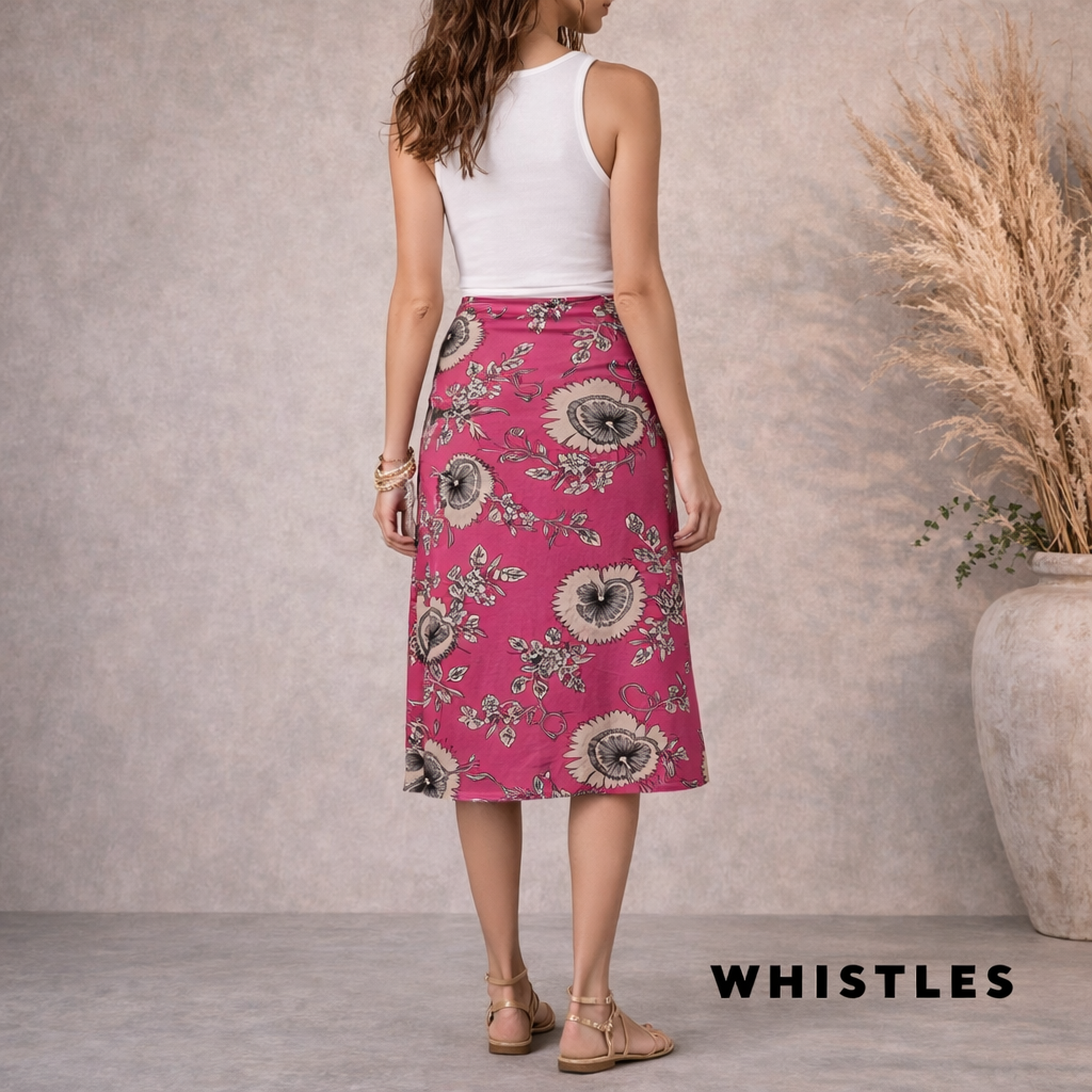 Whistles Cerise Pink Silk Floral Draped Skirt UK 10
