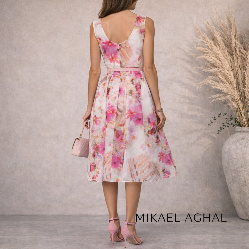 Mikael Aghal Pink Floral Print Fit & Flare Organza Dress UK 6/8