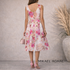 Mikael Aghal Pink Floral Print Fit & Flare Organza Dress UK 6/8