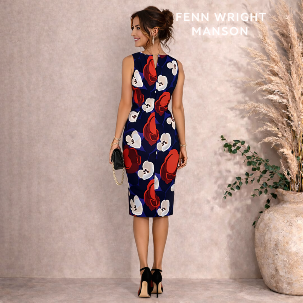 Fenn Wright Manson Navy Red White Silk Floral Dress UK 12
