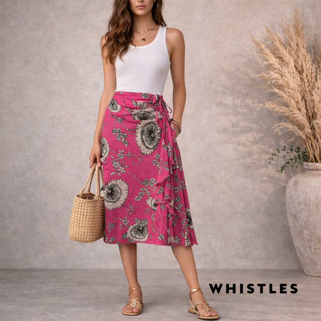 Whistles Cerise Pink Silk Floral Draped Skirt UK 10