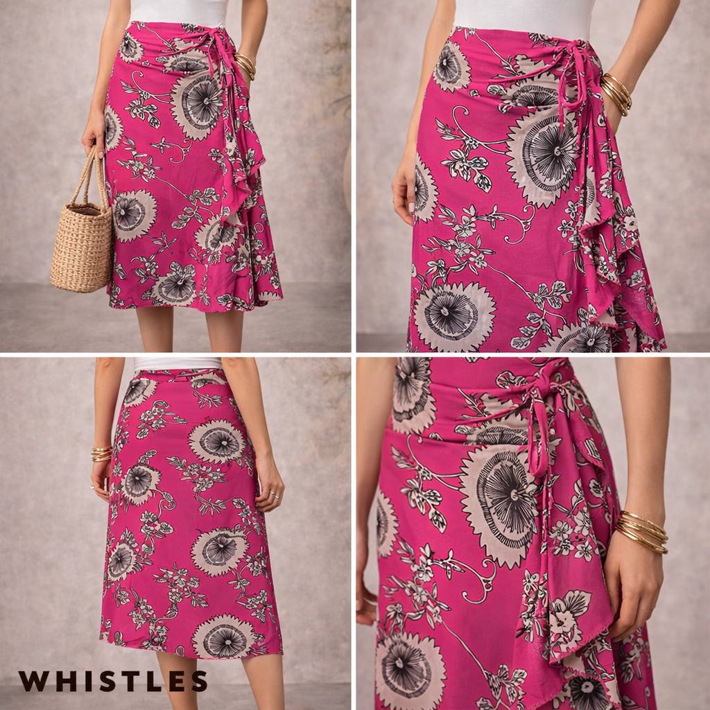 Whistles Cerise Pink Silk Floral Draped Skirt UK 10