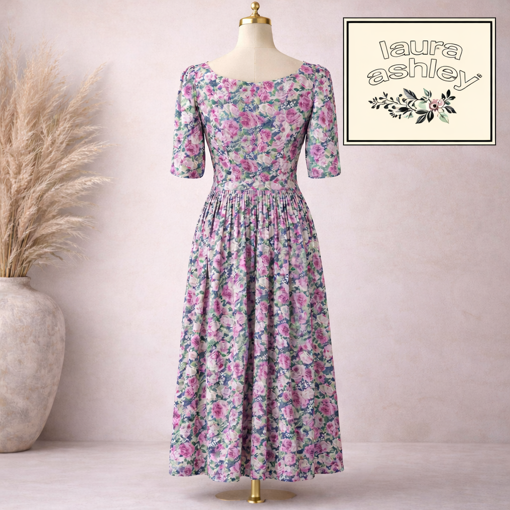Laura Ashley Rare 1980 Vintage Cotton Floral Prairie Tea Dress UK 10