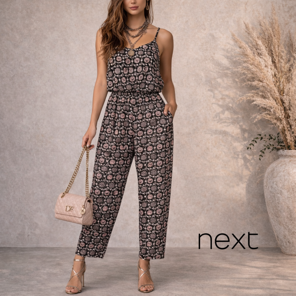 Next Navy Pink Floral Strappy Summer Jumpsuit UK 10R