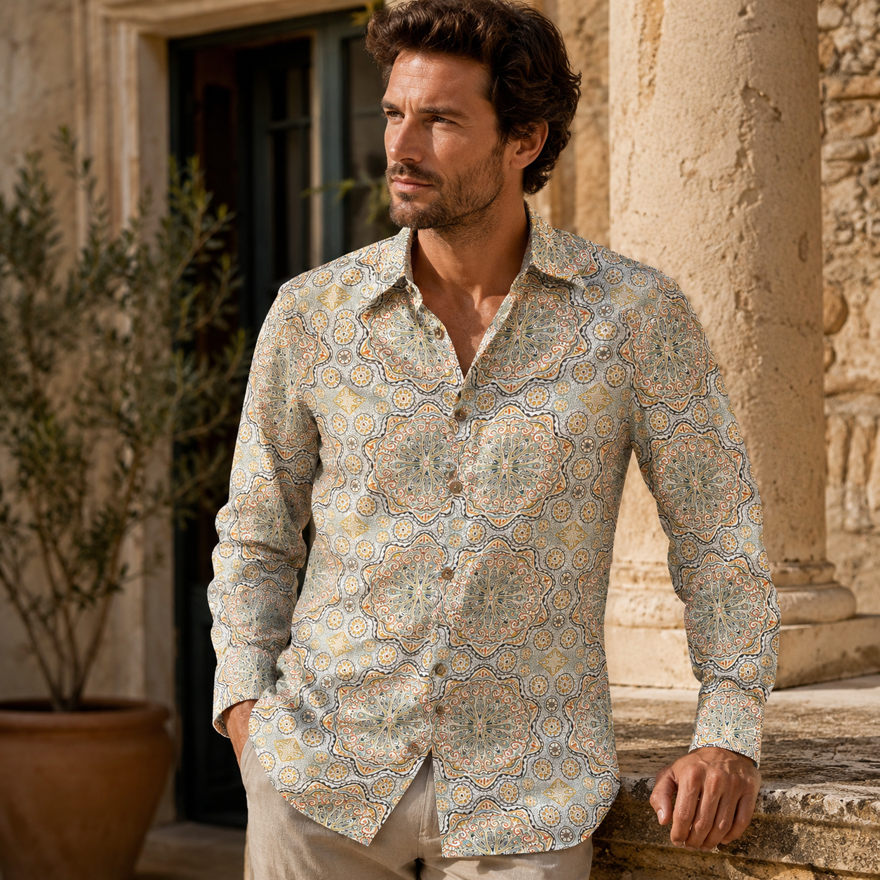 Structure Collection Men’s Geometric Cotton-Linen Shirt – Large