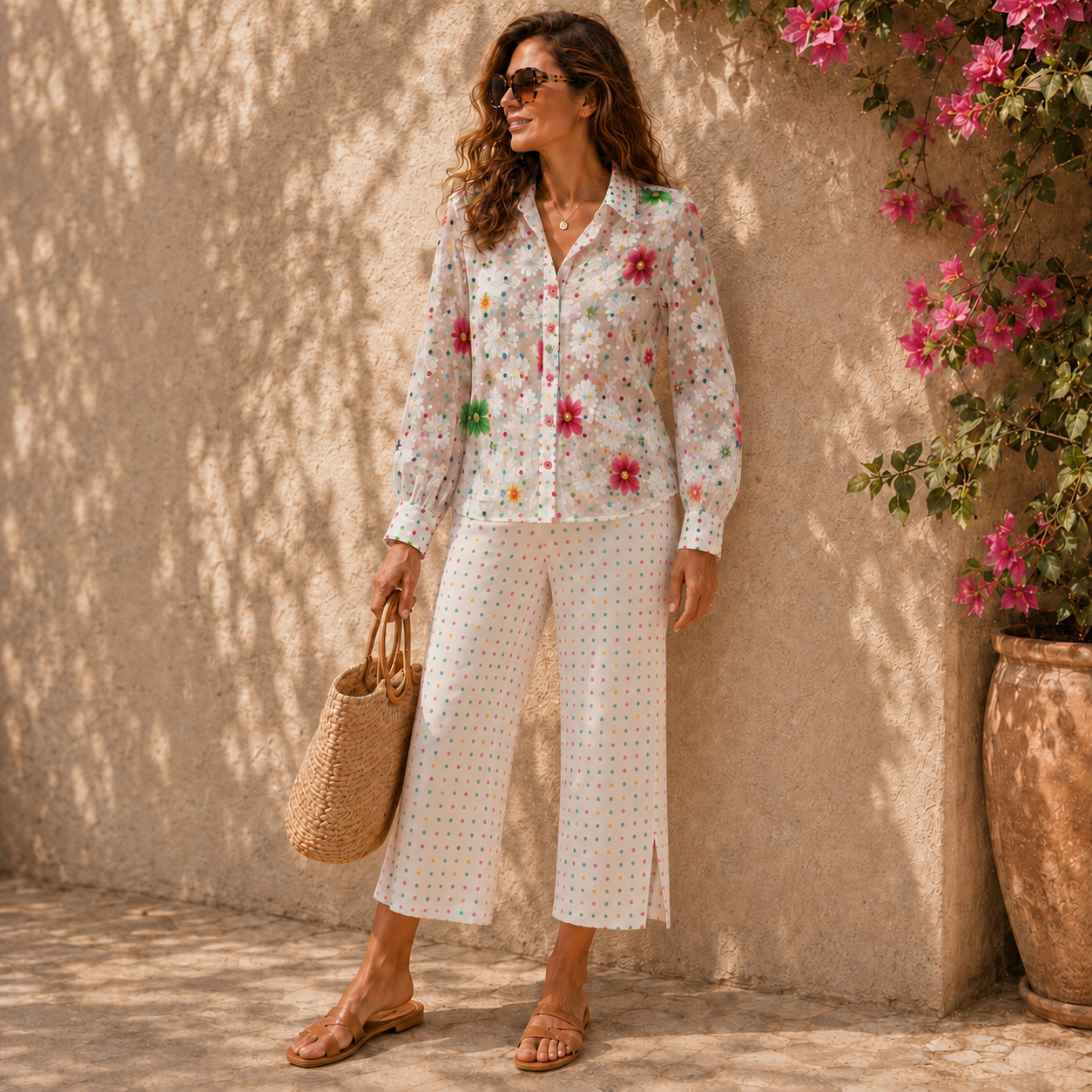 Vintage ALGO Switzerland Floral Cotton Two-Piece Trouser Suit UK 10