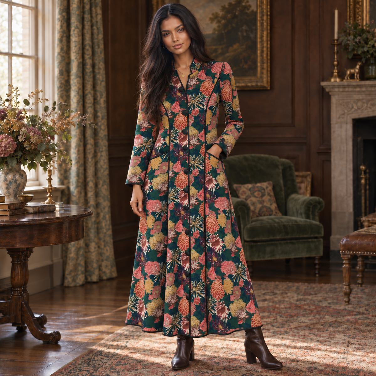 Vintage AnnaBelinda Dark Green Botanical Print Dress UK 12/14