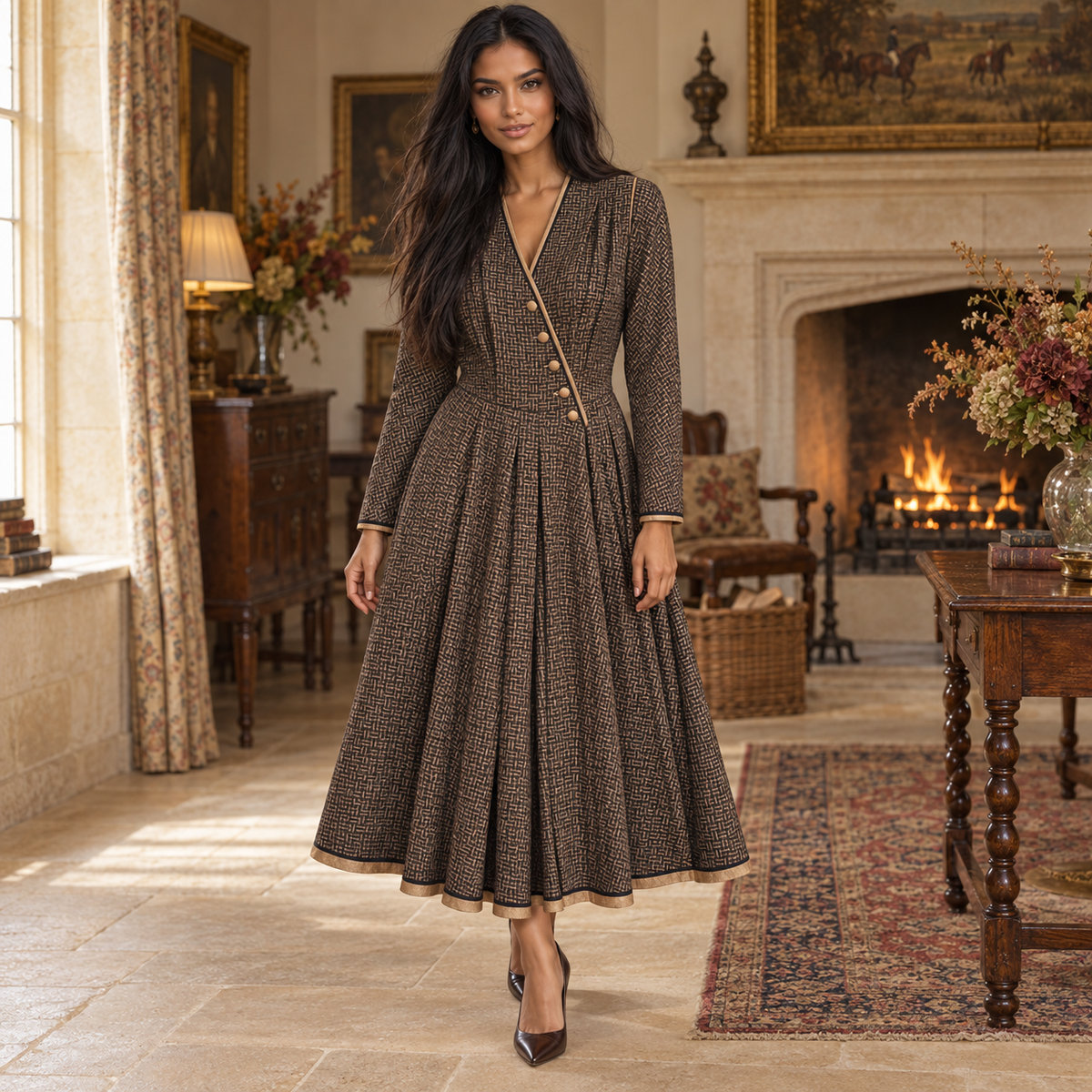 AnnaBelinda Vintage Brown & Bronze Wool Silk Dress UK 14/16 Unworn