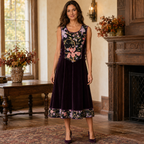 Vintage AnnaBelinda Plum Velvet Floral A-Line Dress UK 12