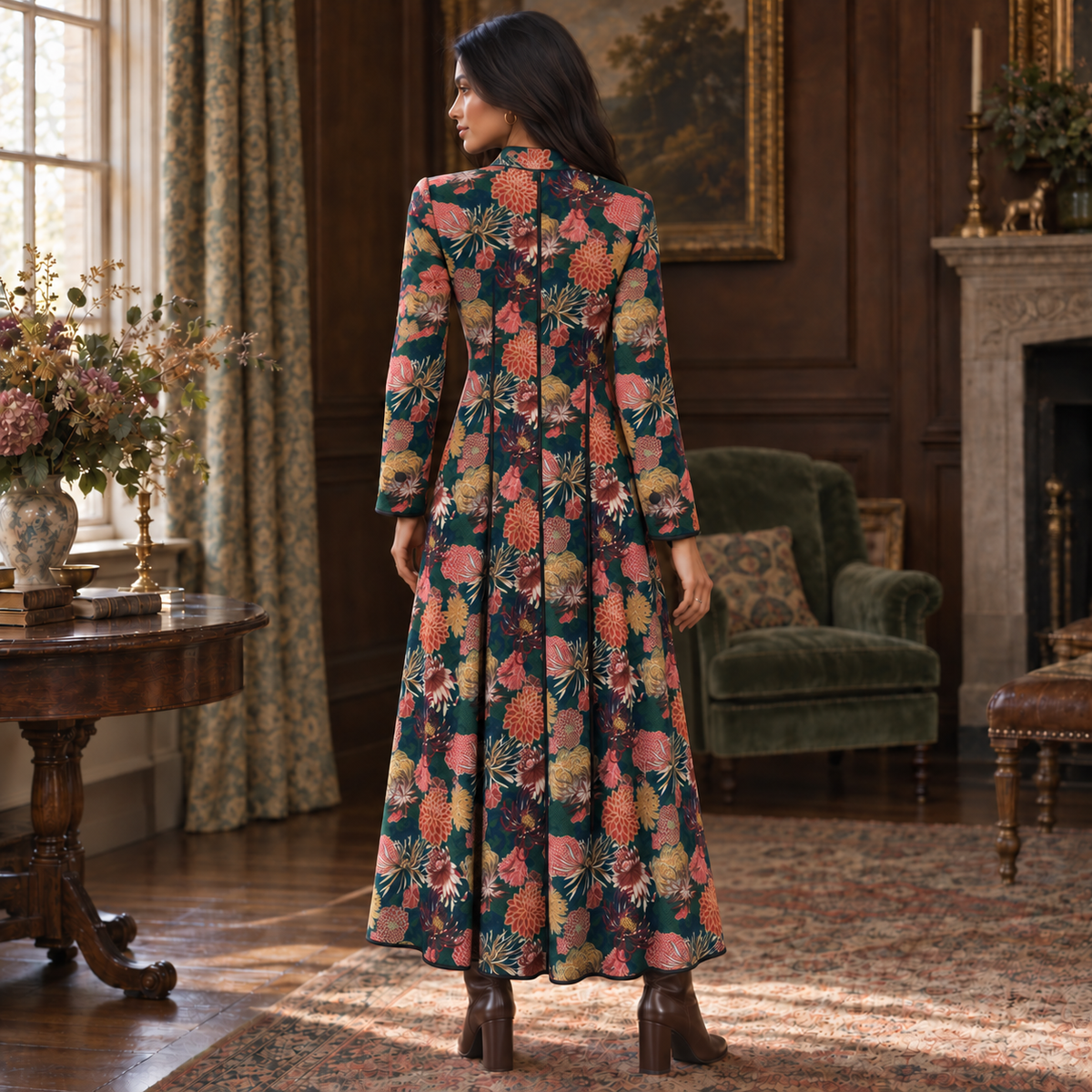 Vintage AnnaBelinda Dark Green Botanical Print Dress UK 12/14