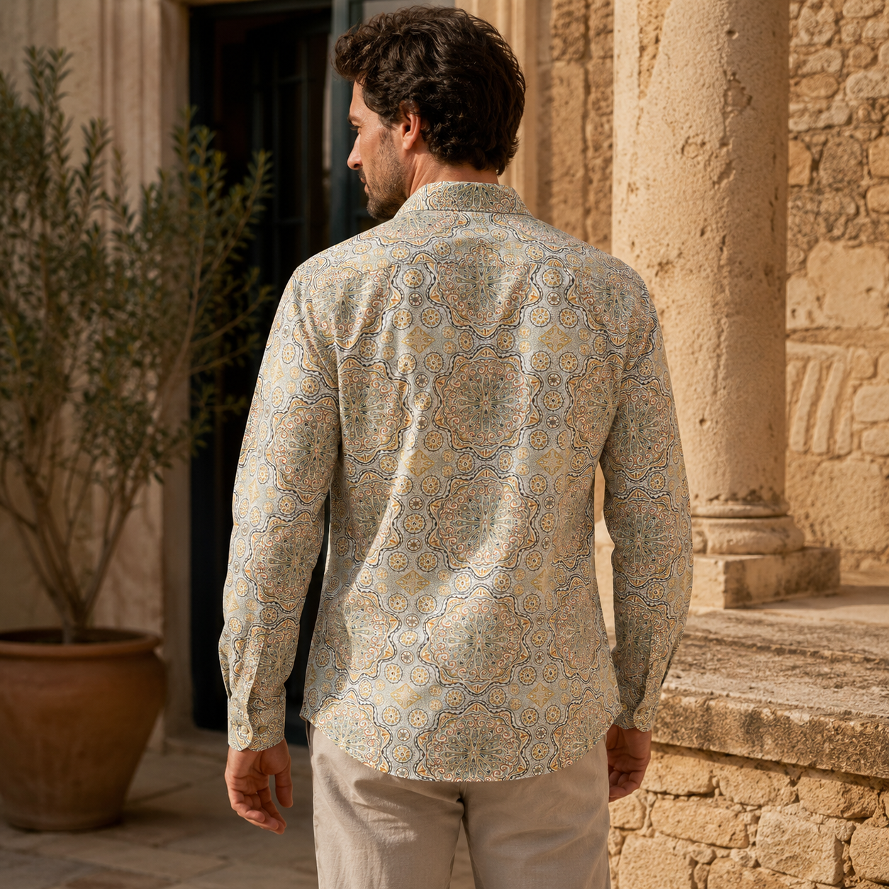 Structure Collection Men’s Geometric Cotton-Linen Shirt – Large