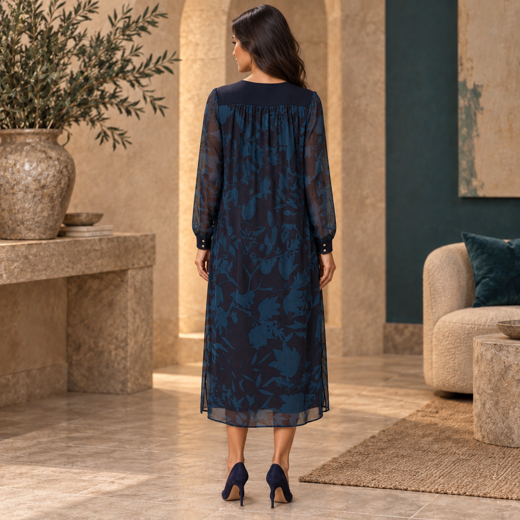 Wrap London Navy & Teal Leaf Print Dress UK 8