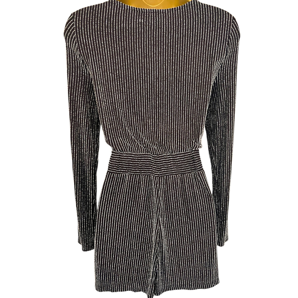 Miss Selfridge Black Silver Glitter Stripe Playsuit UK 8