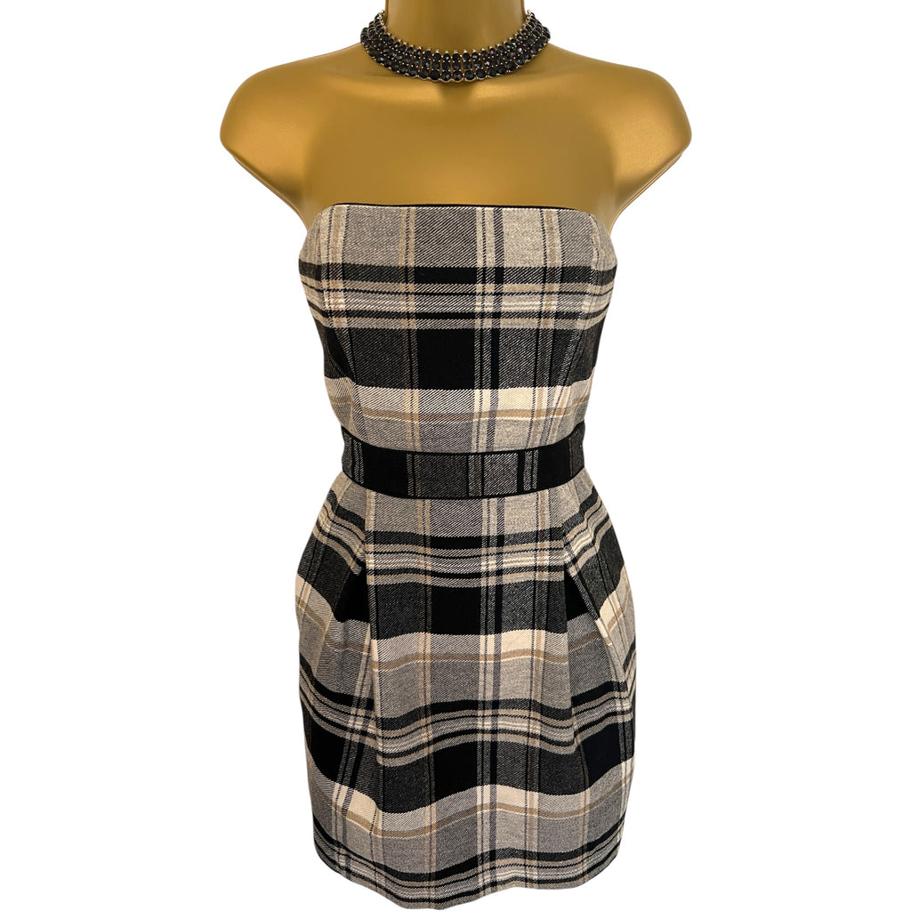 French Connection Black & GreyTartan Checked Wool Dress UK 8