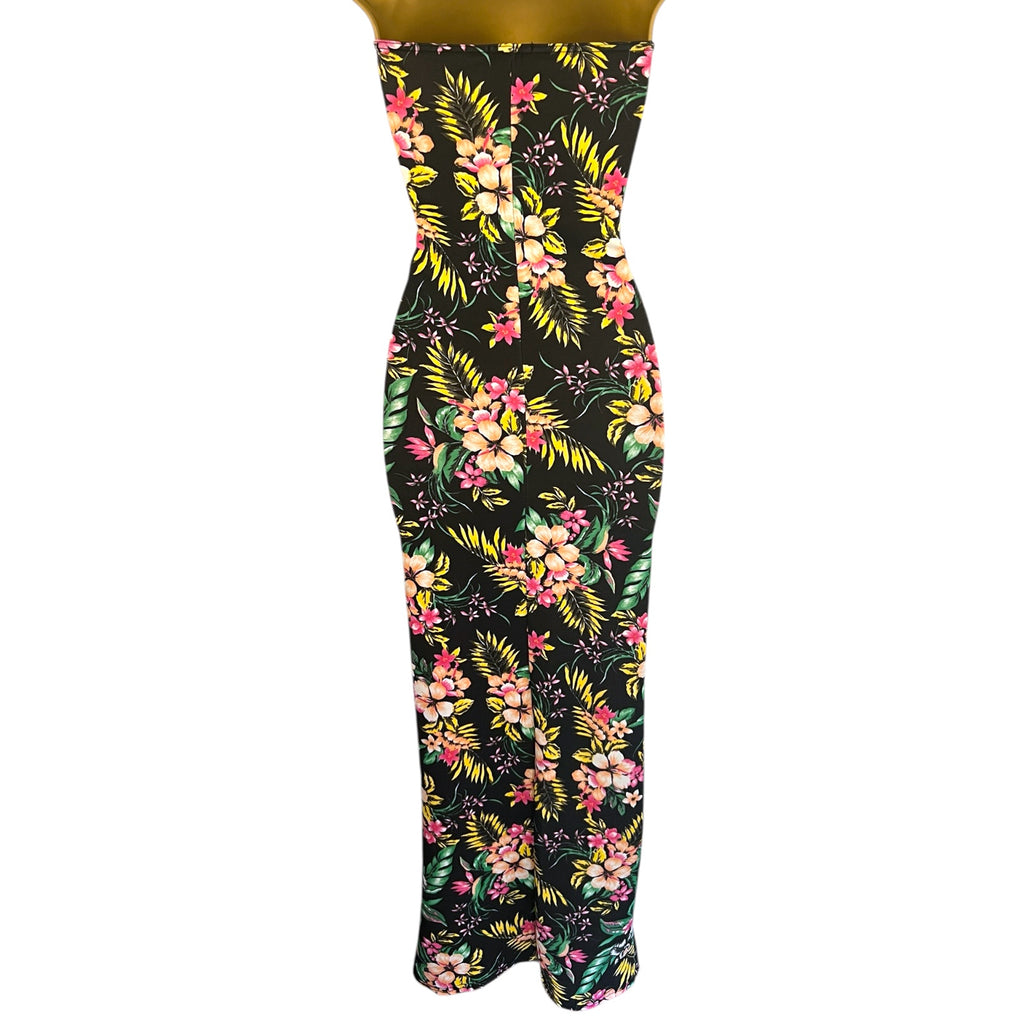 Boohoo Black Tropical Floral Bandeau Maxi Dress UK 12