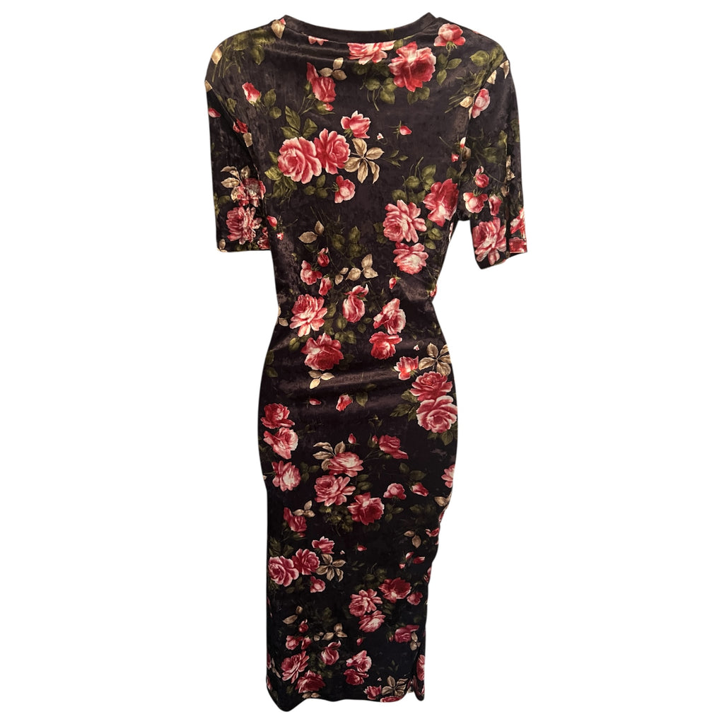 M&S Limited Edition Black Pink Velvet Floral Short Sleeve Dress UK 8