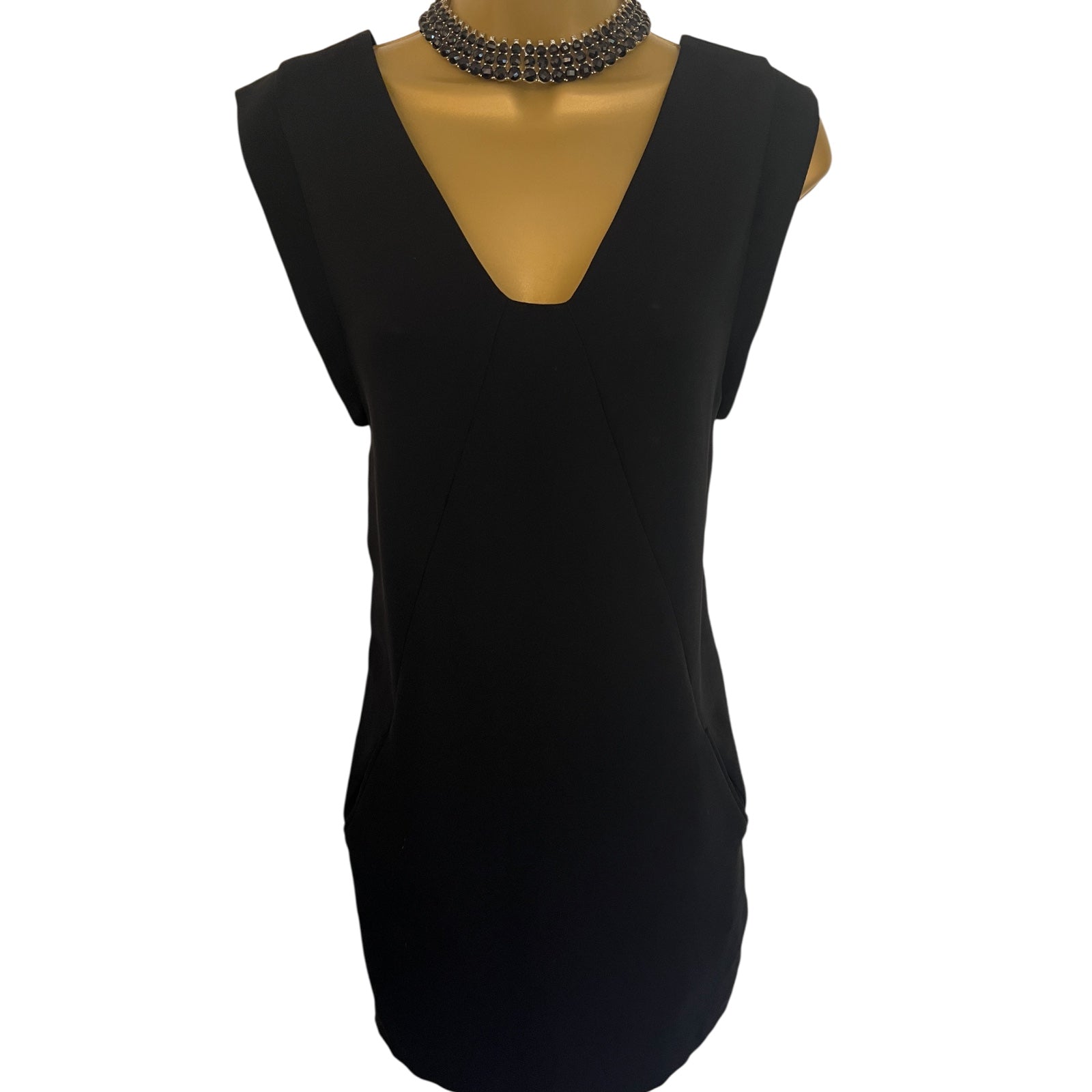 Reiss Pepper Black Crepe Frill Back Mini Shift Dress Pockets UK 4