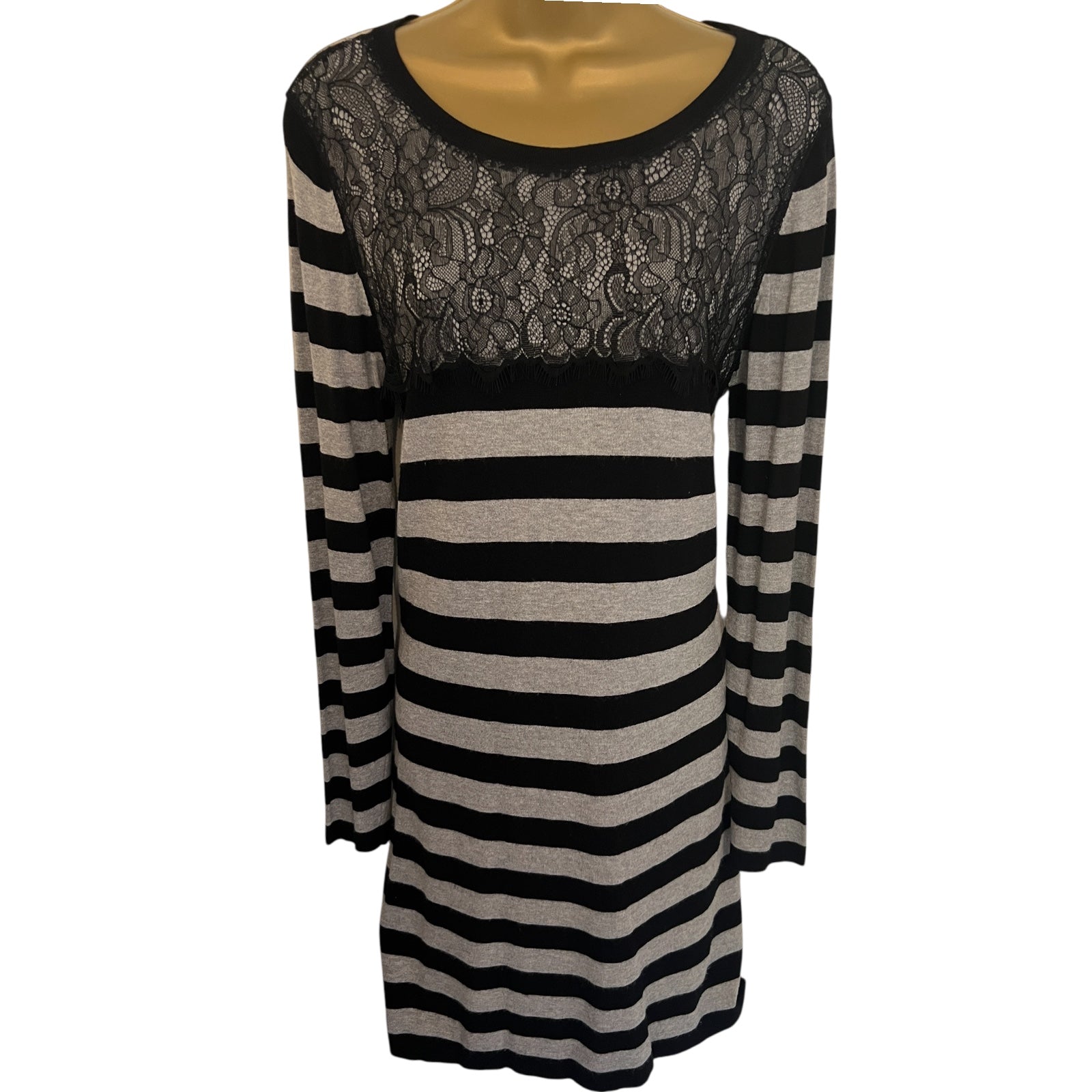 M&S Black & Grey Striped Floral Lace Yoke Dress UK 12
