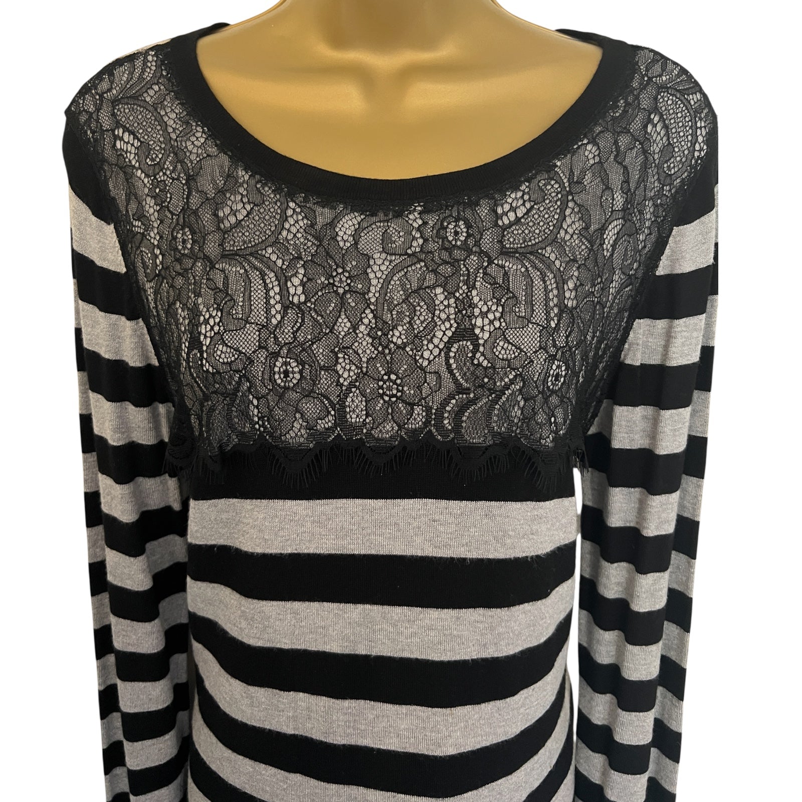M&S Black & Grey Striped Floral Lace Yoke Dress UK 12