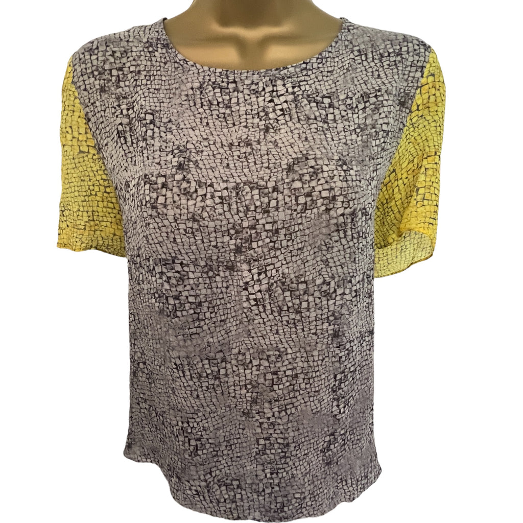 Reiss Jinny Grey & Yellow Reptile Print Silk Top UK 8
