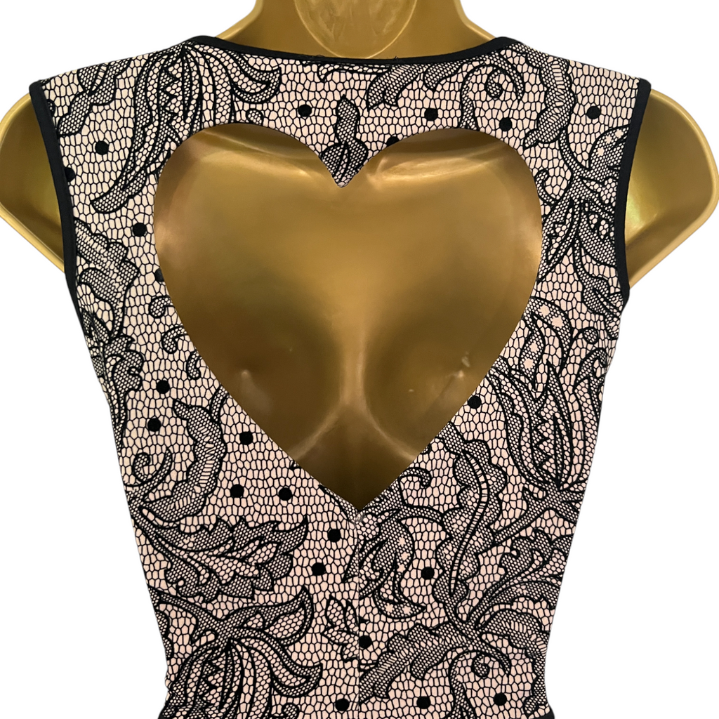 Evita Black Lace Print Back Heart Cut Out Skater Dress UK 8