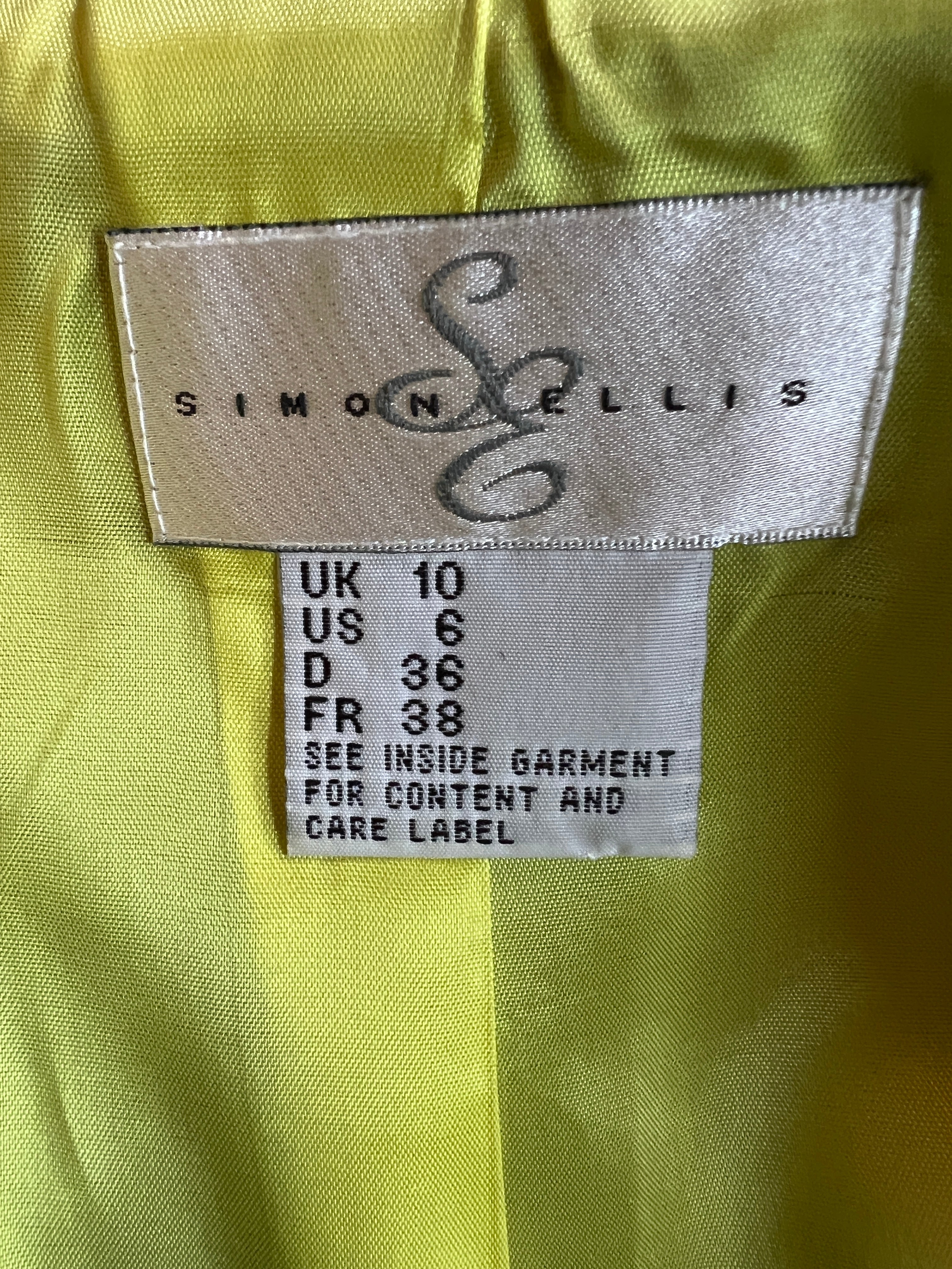 Simon Ellis Chartreuse Yellow Dress Suit, Black Bolero Jacket UK 10