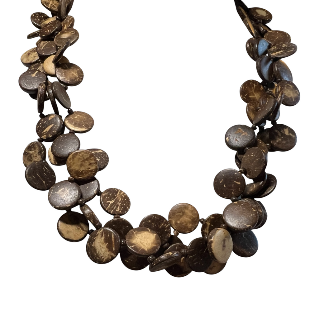 Handmade Triple Strand Brown Plant Bead Necklace