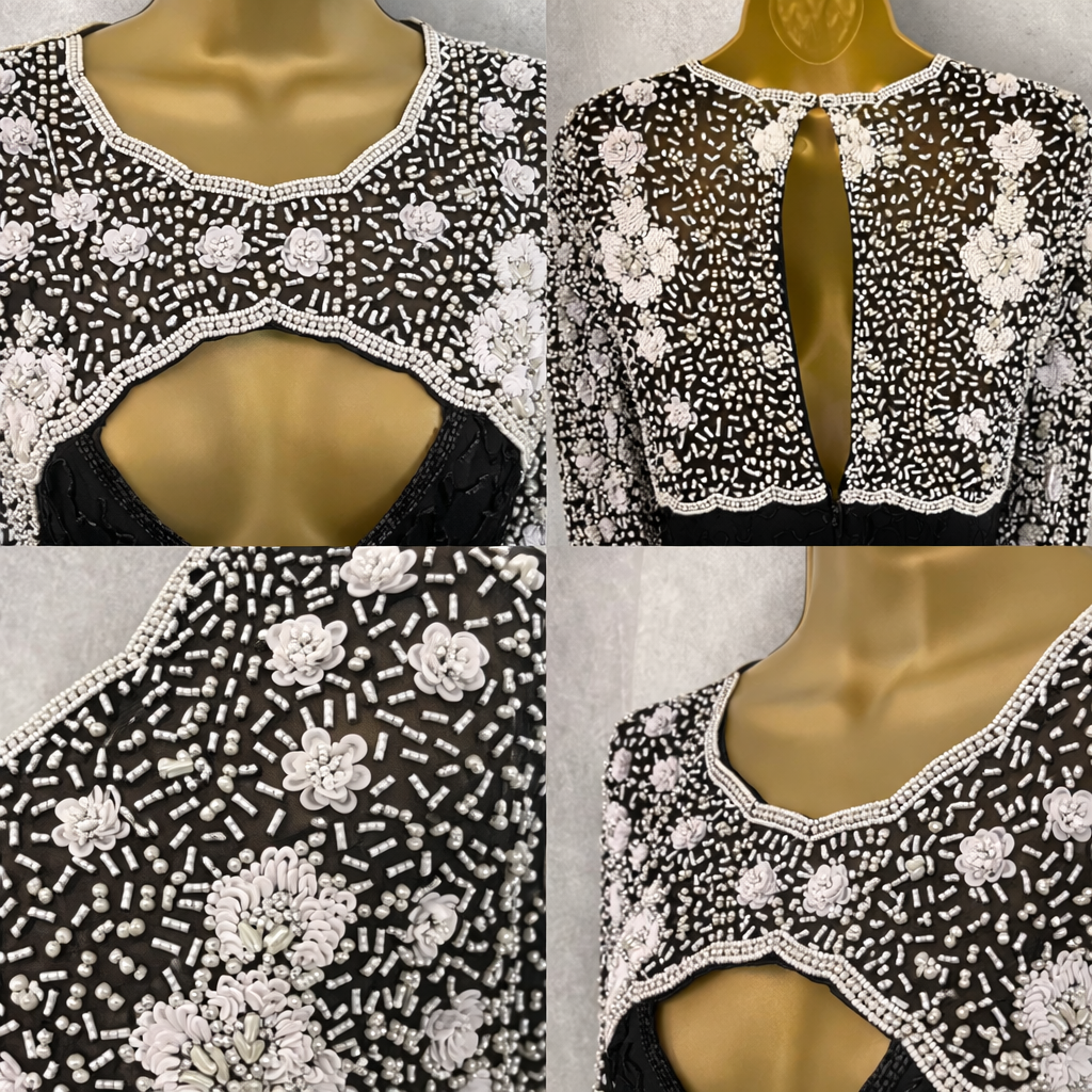 Laurence Kazar Vintage Black & White Beaded Dress 1980 UK 12