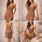 Mikael Aghal Gold Embellished Lace Dress UK 14