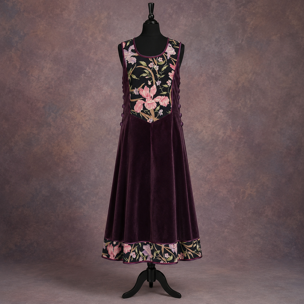 Vintage AnnaBelinda Plum Velvet Floral A-Line Dress UK 12