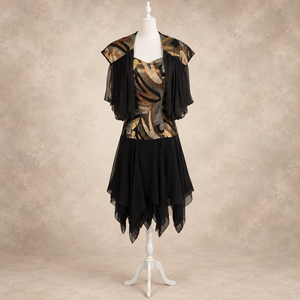 Vintage 1980s Black Metallic Chiffon Cocktail Dress & Jacket UK 8