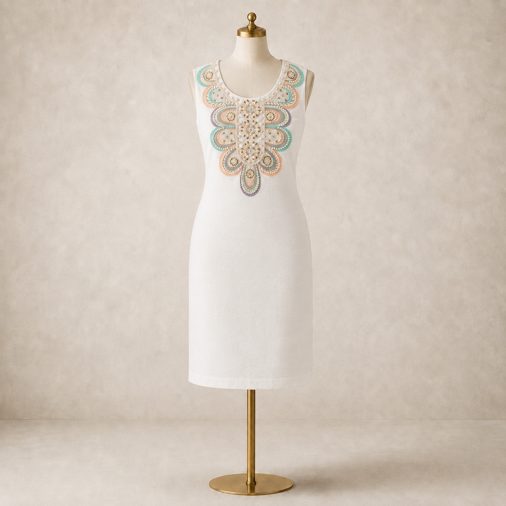 Monsoon Embellished White Cotton Shift Dress UK 8