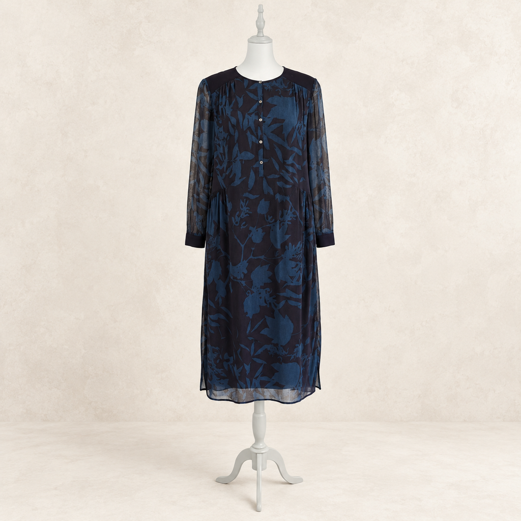 Wrap London Navy & Teal Leaf Print Dress UK 8