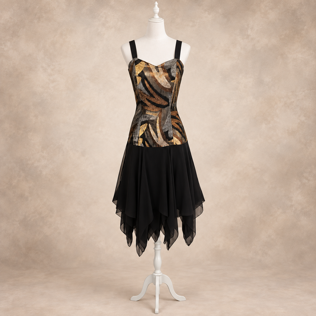 Vintage 1980s Black Metallic Chiffon Cocktail Dress & Jacket UK 8