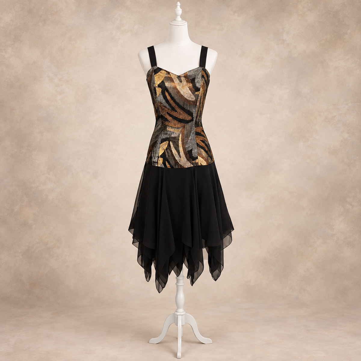 Vintage 1980s Black Metallic Chiffon Cocktail Dress & Jacket UK 8