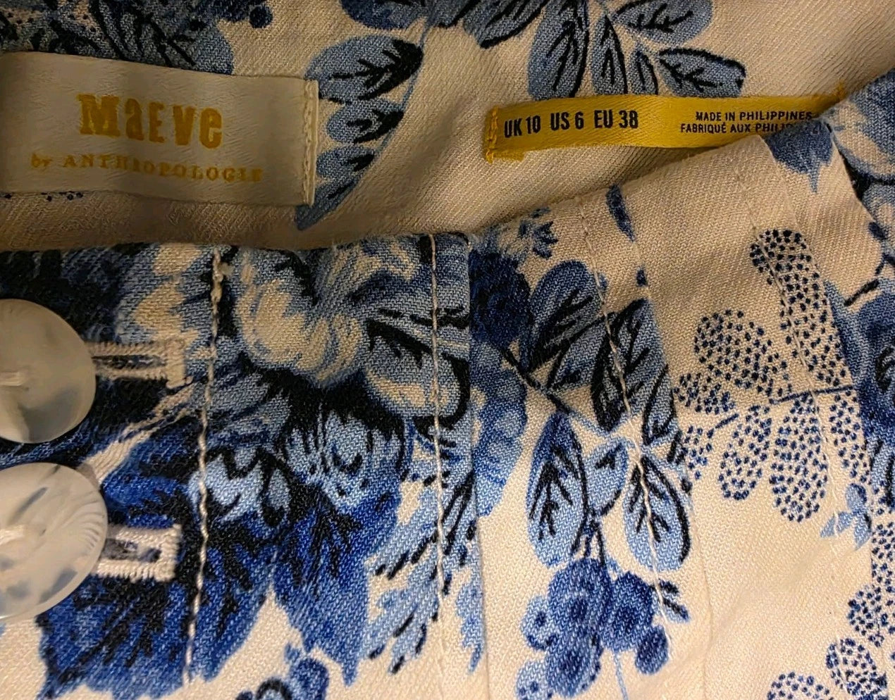 Maeve by Anthropologie Blue Floral Linen Blend Wide Leg Trousers UK 10