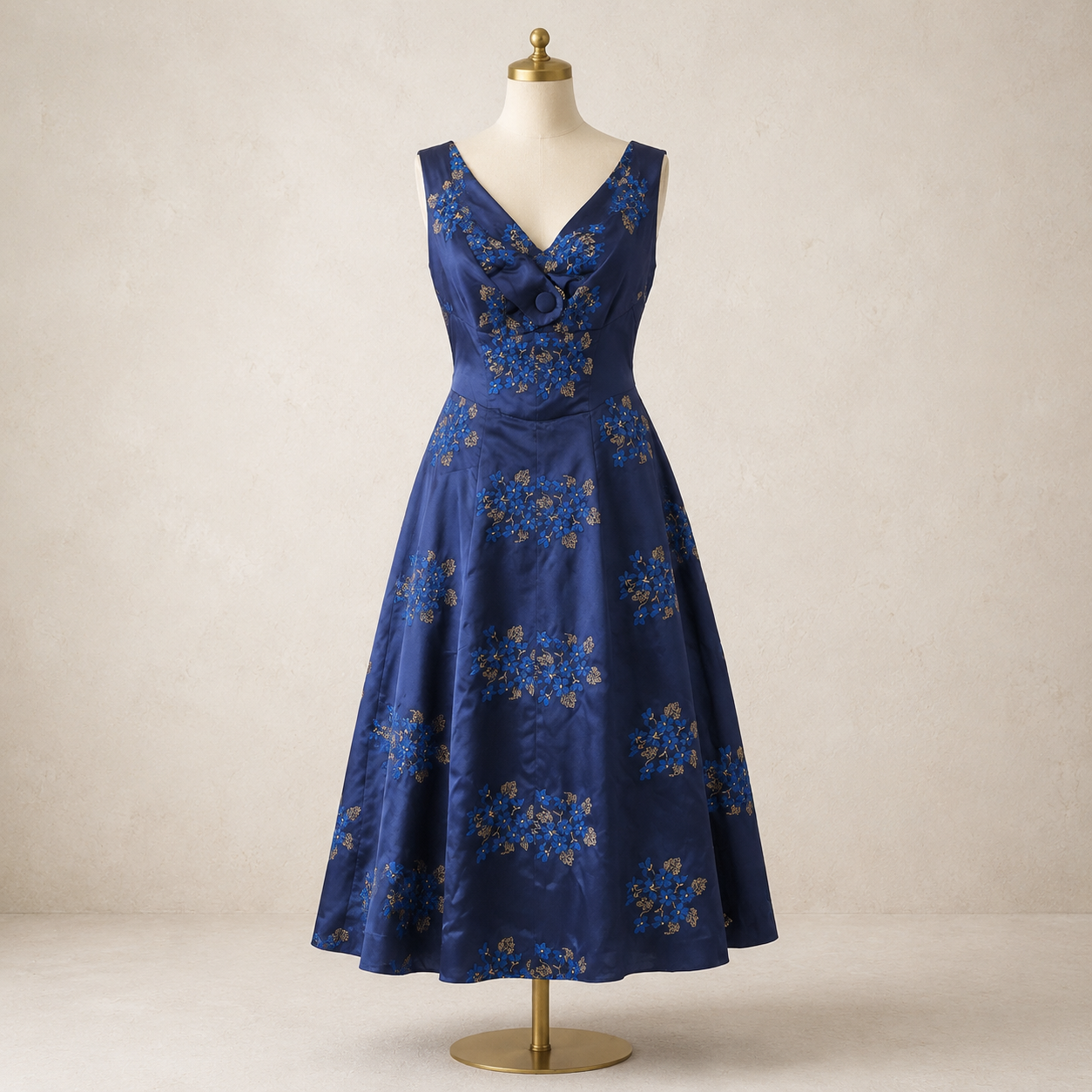 Handmade Vintage 1960s Navy Satin Embroidered Dress UK 10