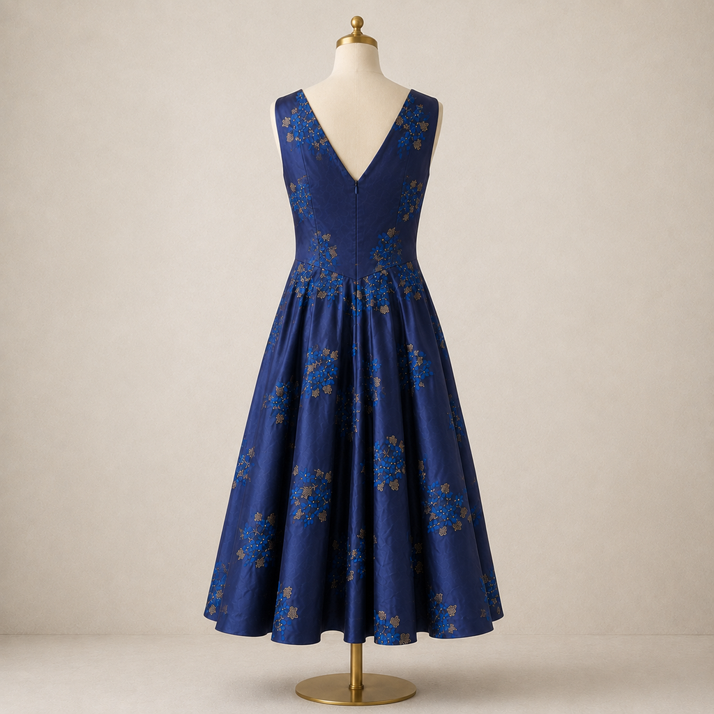 Handmade Vintage 1960s Navy Satin Embroidered Dress UK 10