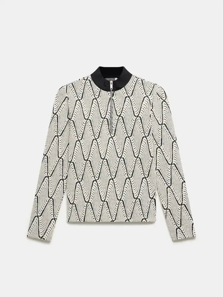 Mint Velvet Monochrome Wave Zip-Neck Top UK 8/10