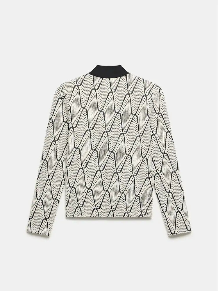 Mint Velvet Monochrome Wave Zip-Neck Top UK 8/10