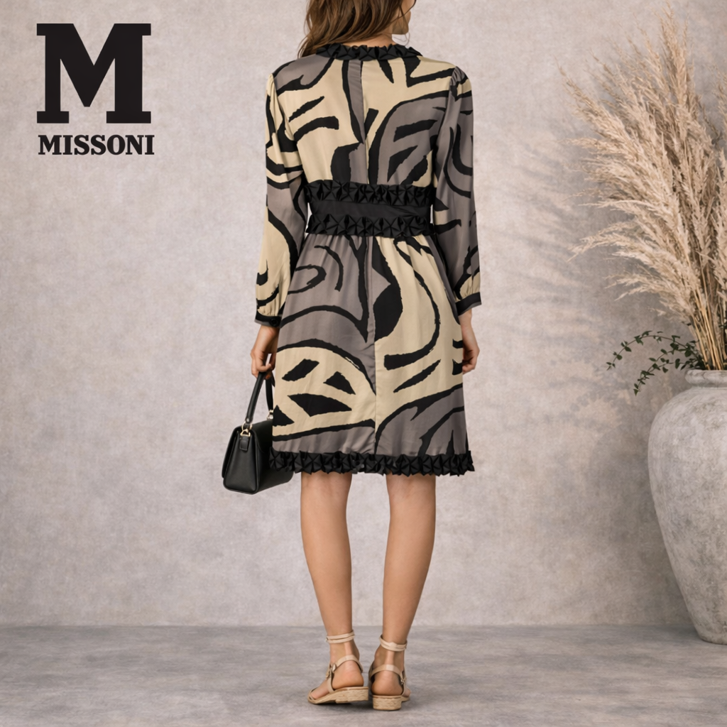 M Missoni Grey Black Cream 3/4 Sleeve Silk V Neck Mini Dress Party UK 12