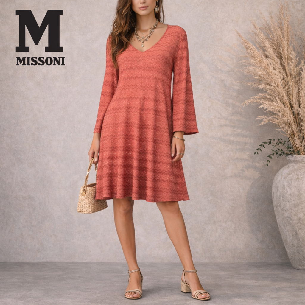 M Missoni Orange Metallic Thread Long Sleeve Dress UK 12