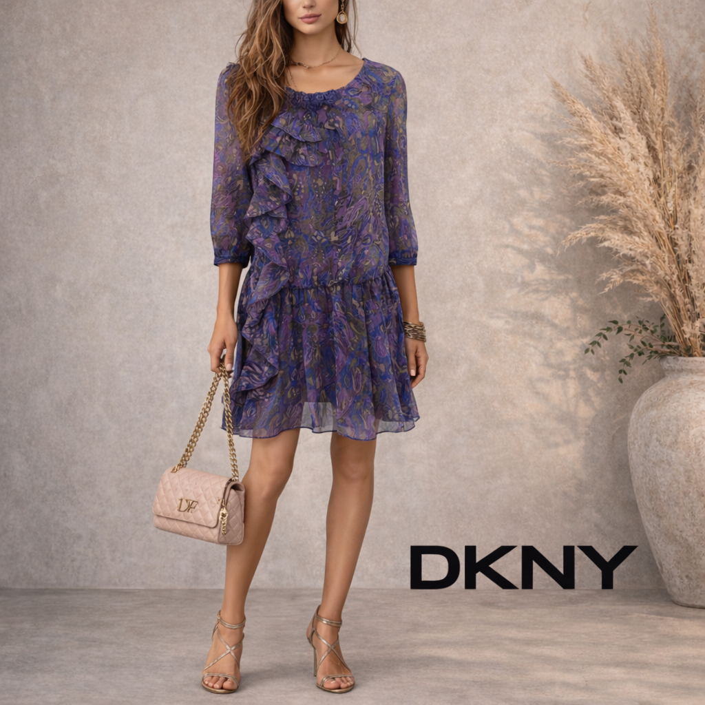 DKNY Jeans Purple Blue Chiffon Drop Waist Dress UK 10